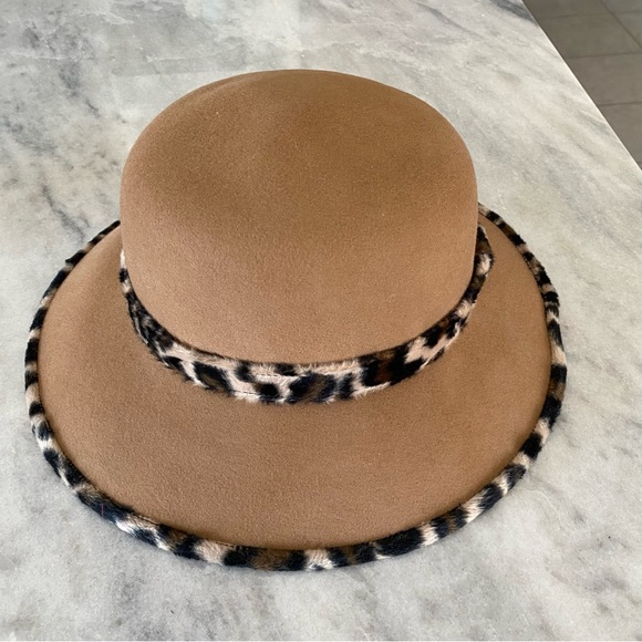 Preston & York 100% Wool Hat Camel Tan Cheetah Trim Print Women’s Hat Derby Hat - Picture 11 of 12